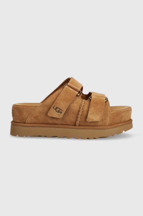 UGG Goldenstar Hi Slide Chestnut 1155458-CHE | Damskie klapki zamszowe na wysokiej platformie