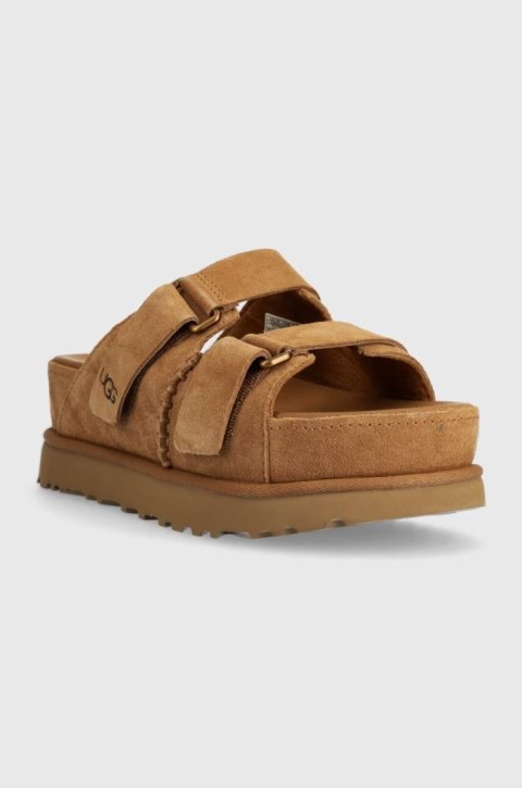UGG Goldenstar Hi Slide Chestnut 1155458-CHE | Damskie klapki zamszowe na wysokiej platformie
